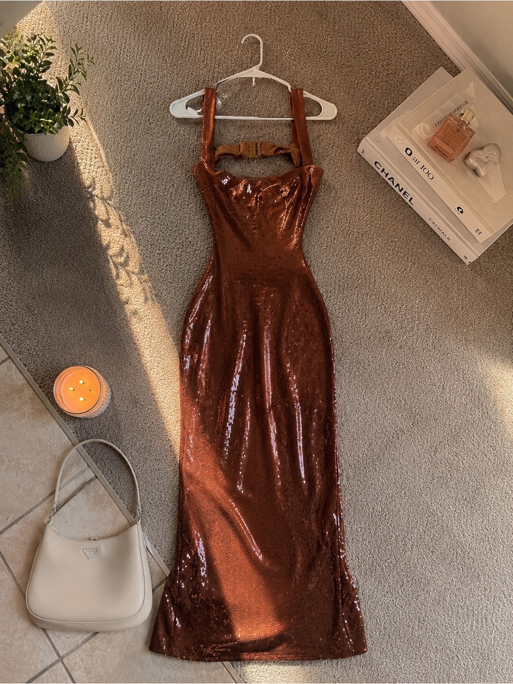 Meshki Adoria Cut Out Copper Sequin Maxi Dress Chocolate